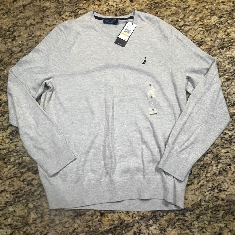 NEW Nautica NavTech Mens V-Neck Sweater Heather Grey Anchor Logo Size M